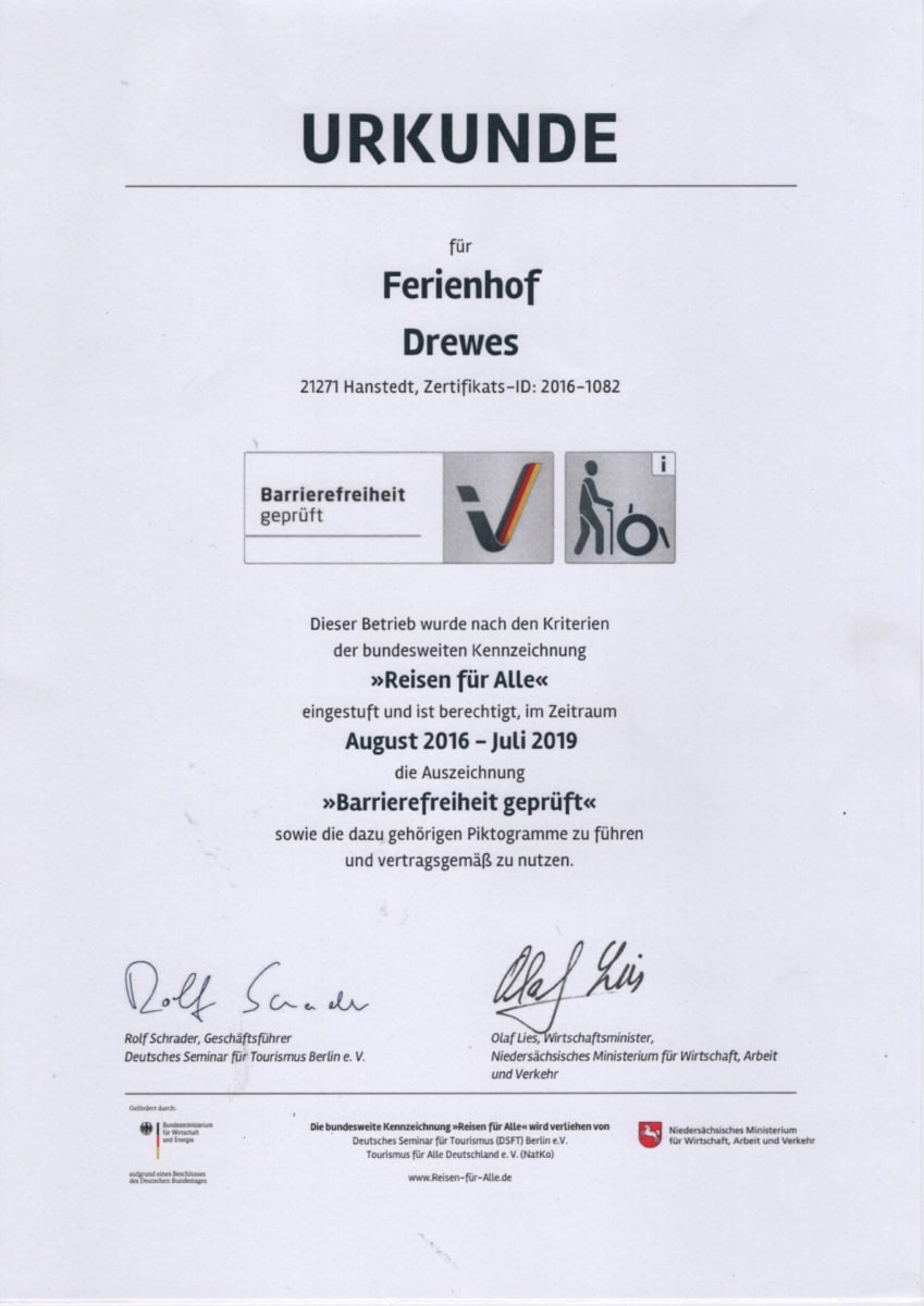 Urkunde &quot;Barrierefreiheit geprüft&quot; (August 2016 - Juli 2019) für die Ferienwohnung Emmy auf dem Ferienhof Drewes in Ollsen