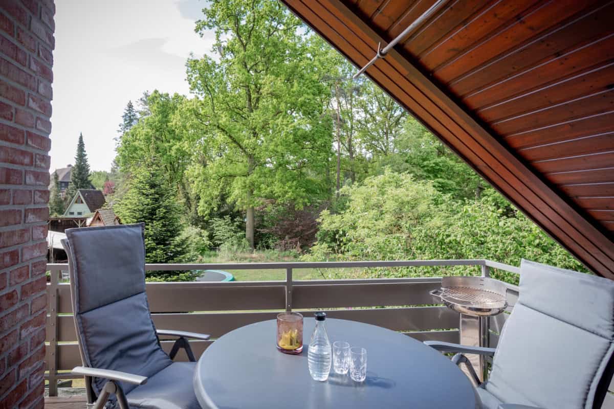 Blick vom Südbalkon der Ferienwohnung Marie auf dem Ferienhof Drewes in Ollsen in der Lüneburger Heide