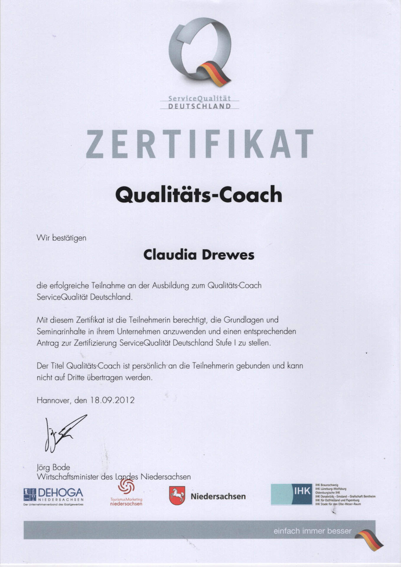 Zertifikat Ausbildung zum QualitätsCoach ServiceQualität Deutschland für Claudia Drewes