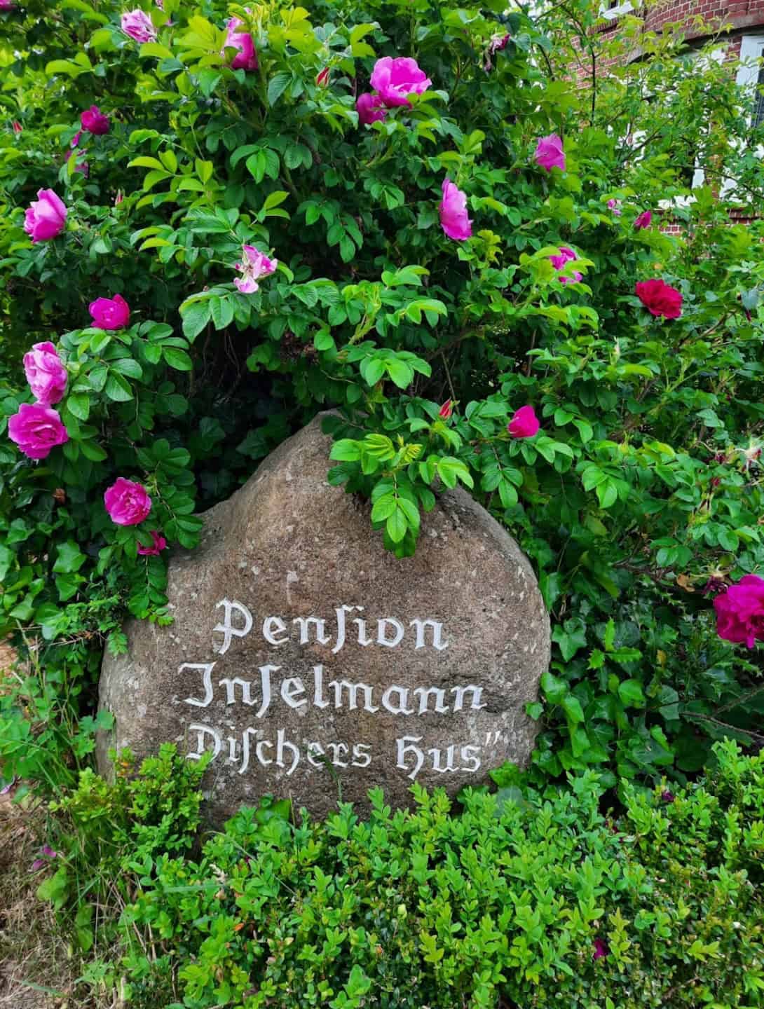 Findling mit der Aufschrift Pension Inselmann Dischers Hus in Hanstedt-Ollsen