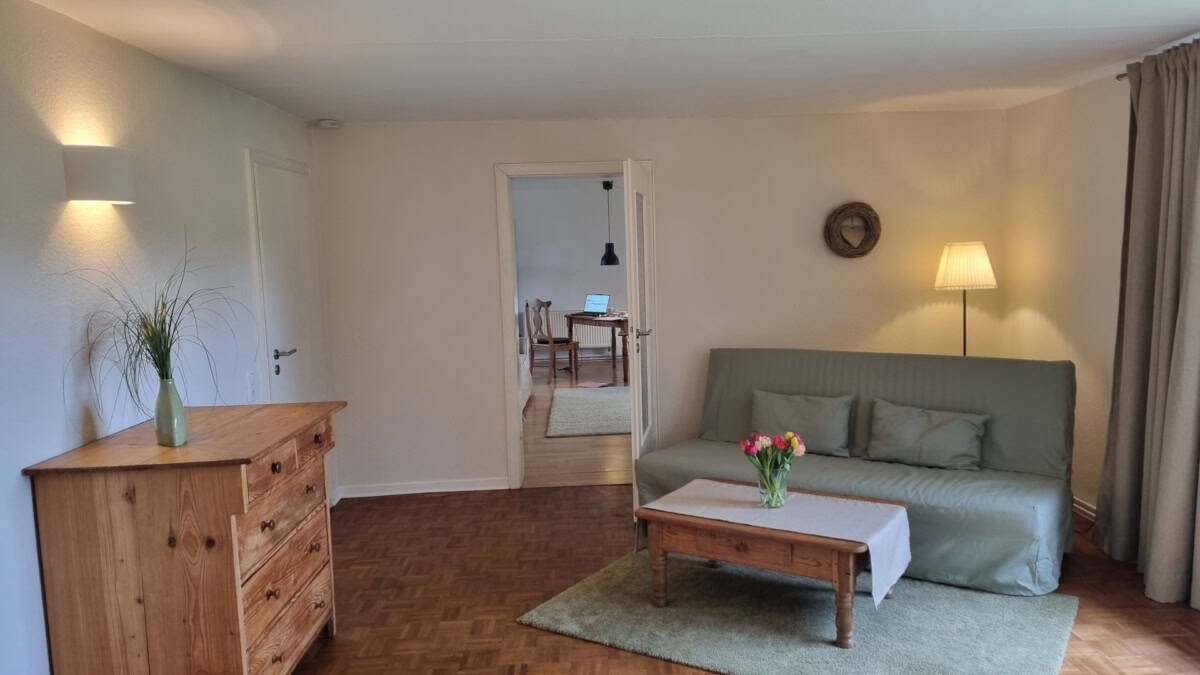 Schlafbereich mit ausklappbarem Schlafsofa im Ferienhaus Corinna Bisping in Ollsen in der Lüneburger Heide