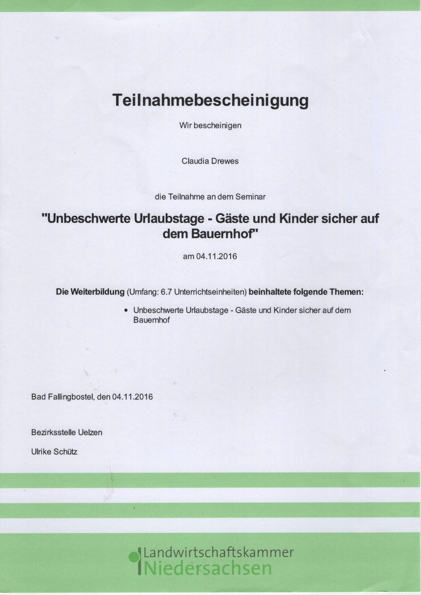 Teilnahmebescheinigung Weiterbildung "Unbeschwerte Urlaubstage – Gäste und Kinder sicher auf dem Bauernhof"